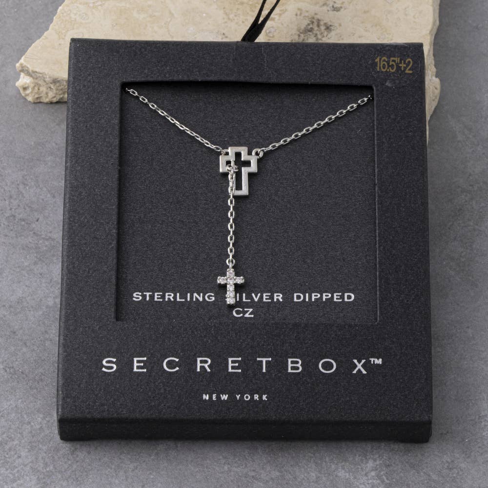 Sterling Silver Dipped Cz Double Cross Y Necklace: GD