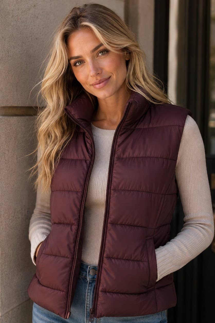 Quilted Zip-up Fitted Puffer Vest: BURGUNDY / 2-4-4-2(S-M-L-XL)
