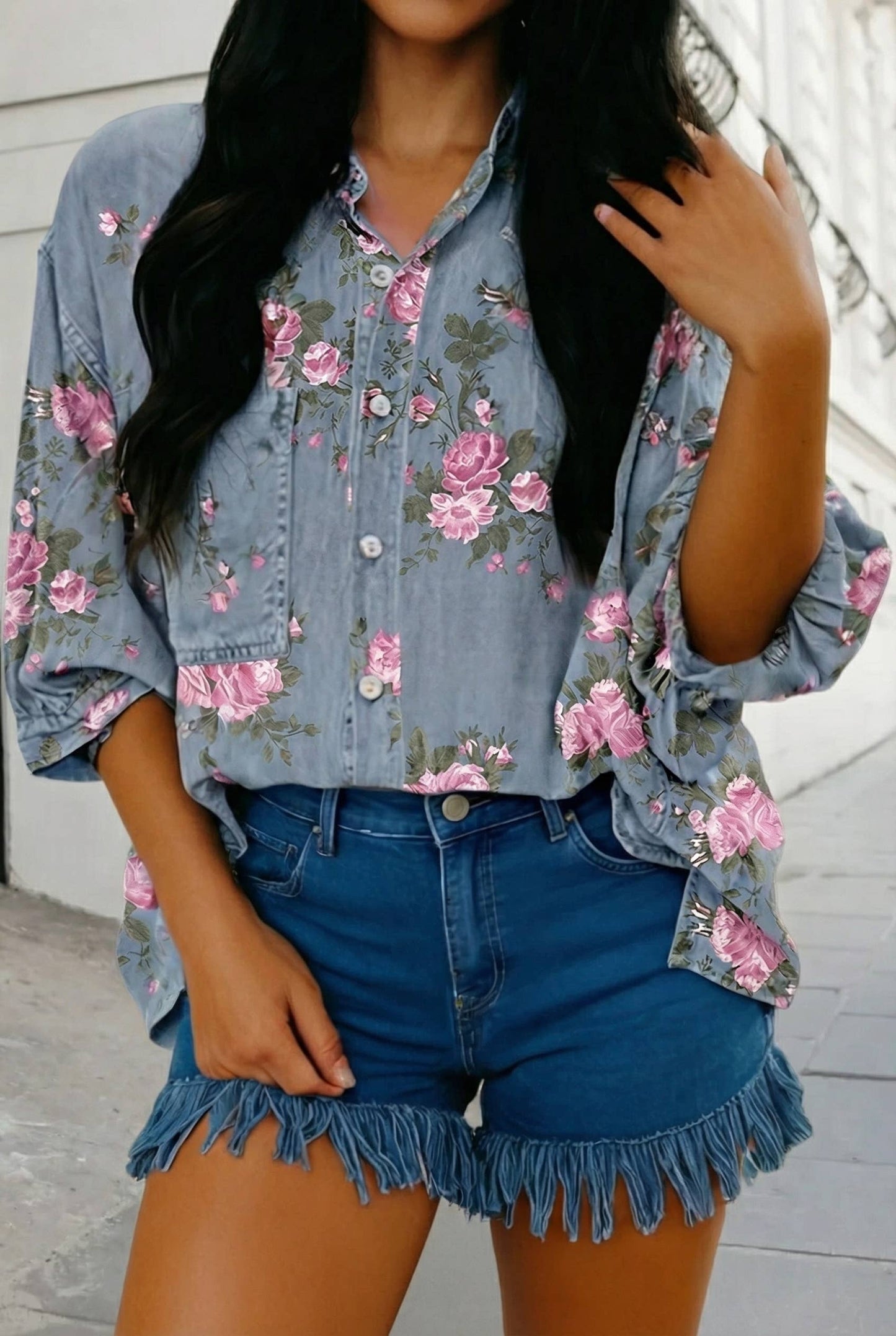 Floral Print Button Up 3/4 Sleeve Denim Shirt