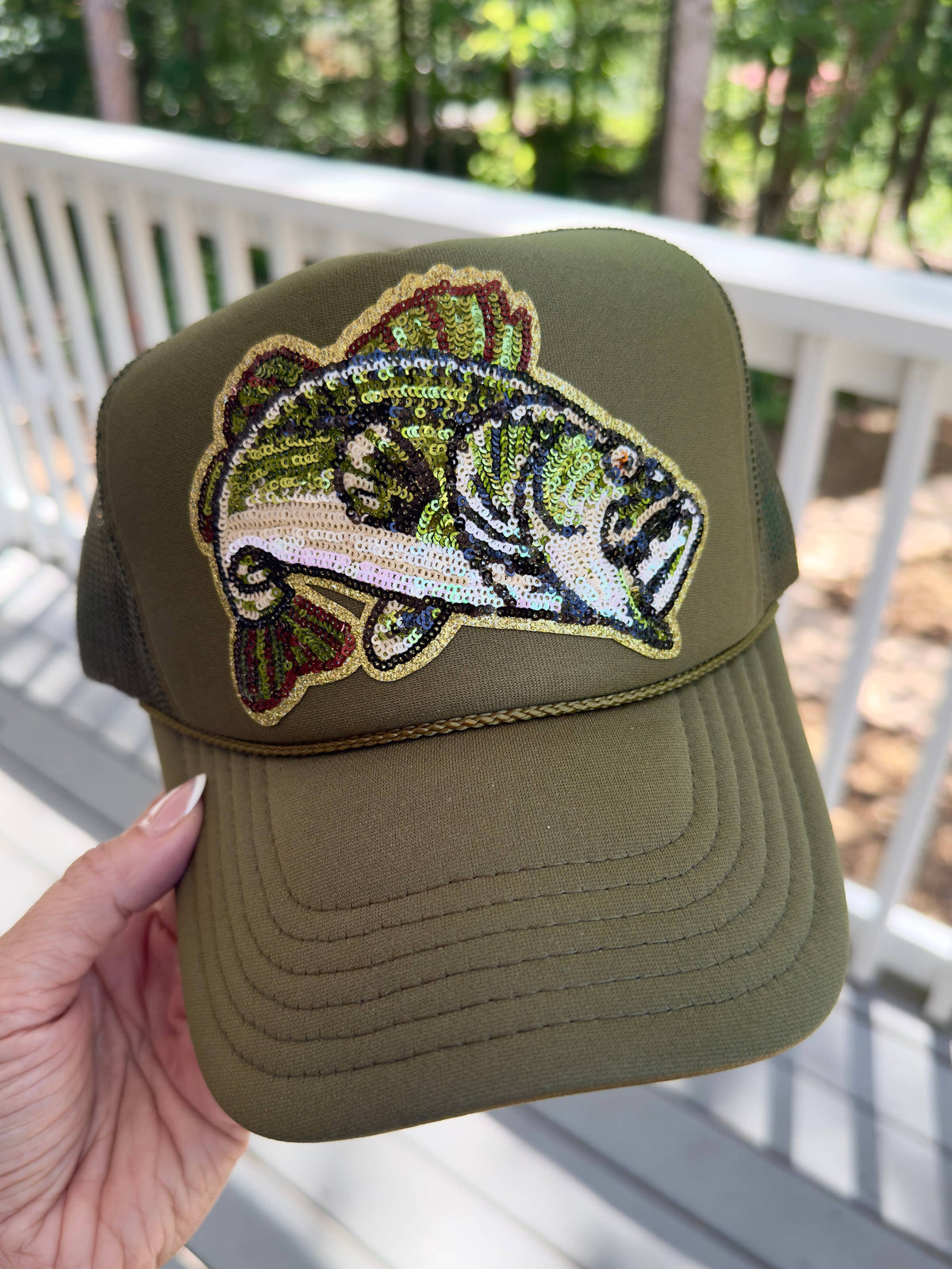 Backwoods Bougie Sequin Trucker Collection: Olive / Sequin Bass