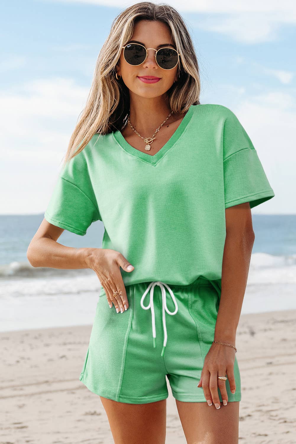 Comfy V Neck Tee & Pockets Shorts Set