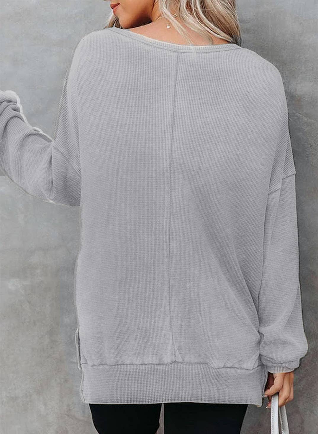 Solid Waffle Knit Pullover Oversized Crew Neck Top: Grey / 35%Cotton+65%Polyester / S
