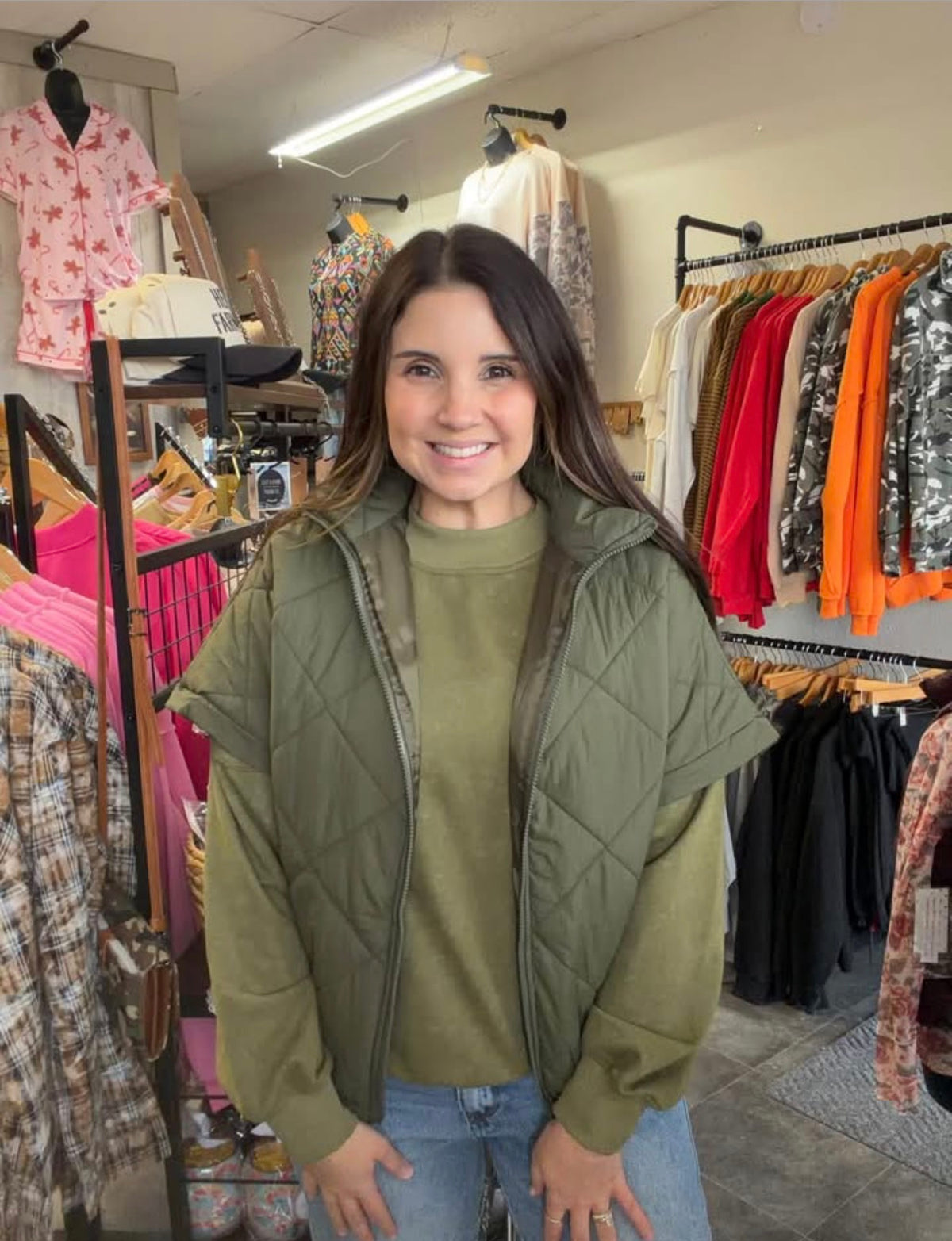 Diamond Quilted Hooded Puffer Vest for Women Fall Winter: Army Green