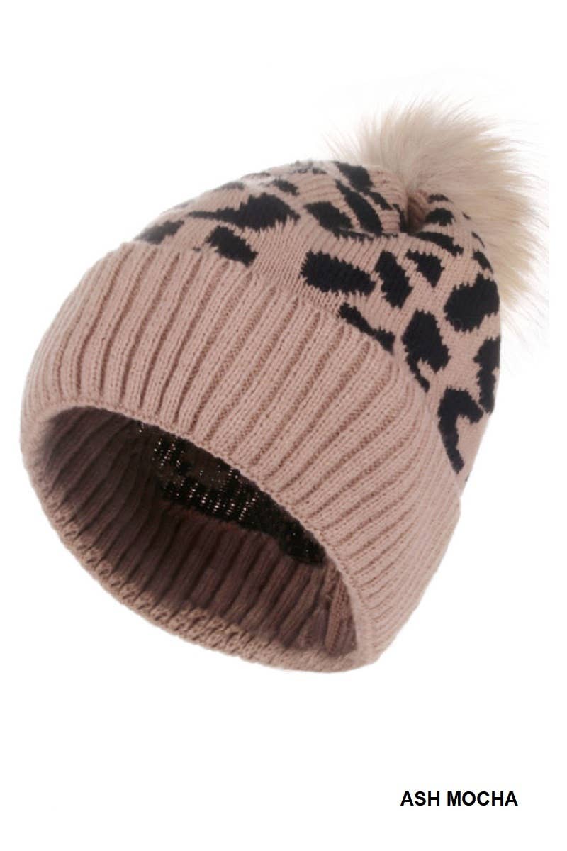 Leopard Pattern Knit Pom Pom Beanie: 1(ONE SIZE)