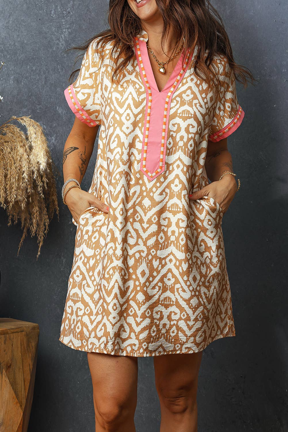 Western Print Patchwork Shift Mini Dress