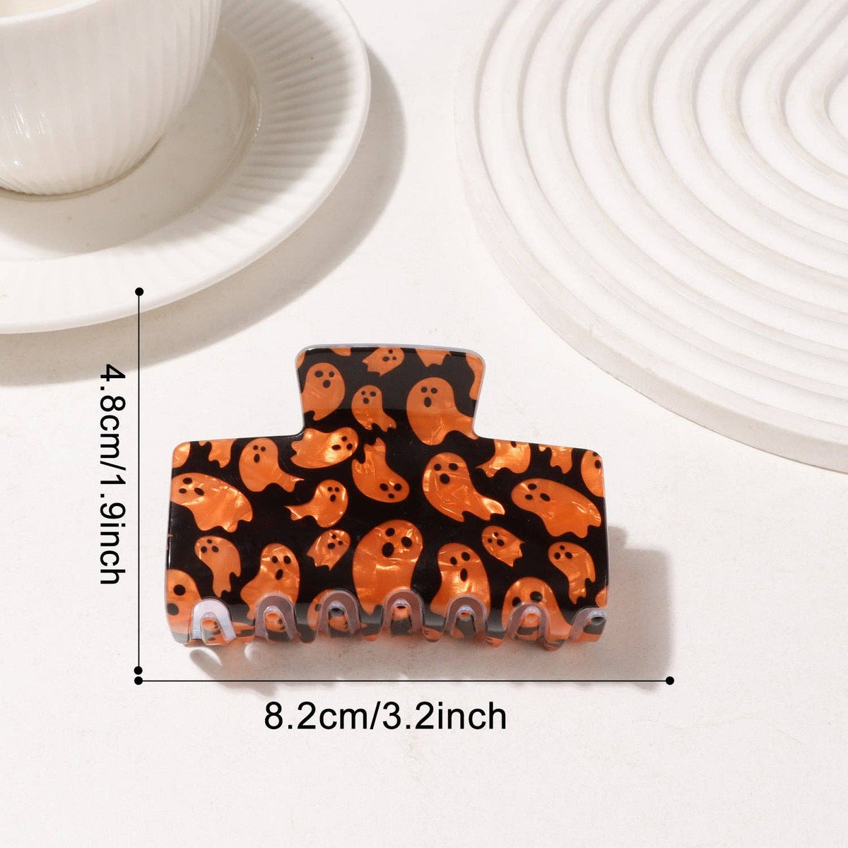 Halloween Hair Claw Clip, Ghost Spider Skull Print: Orange Black Ghost / PVC / One Size