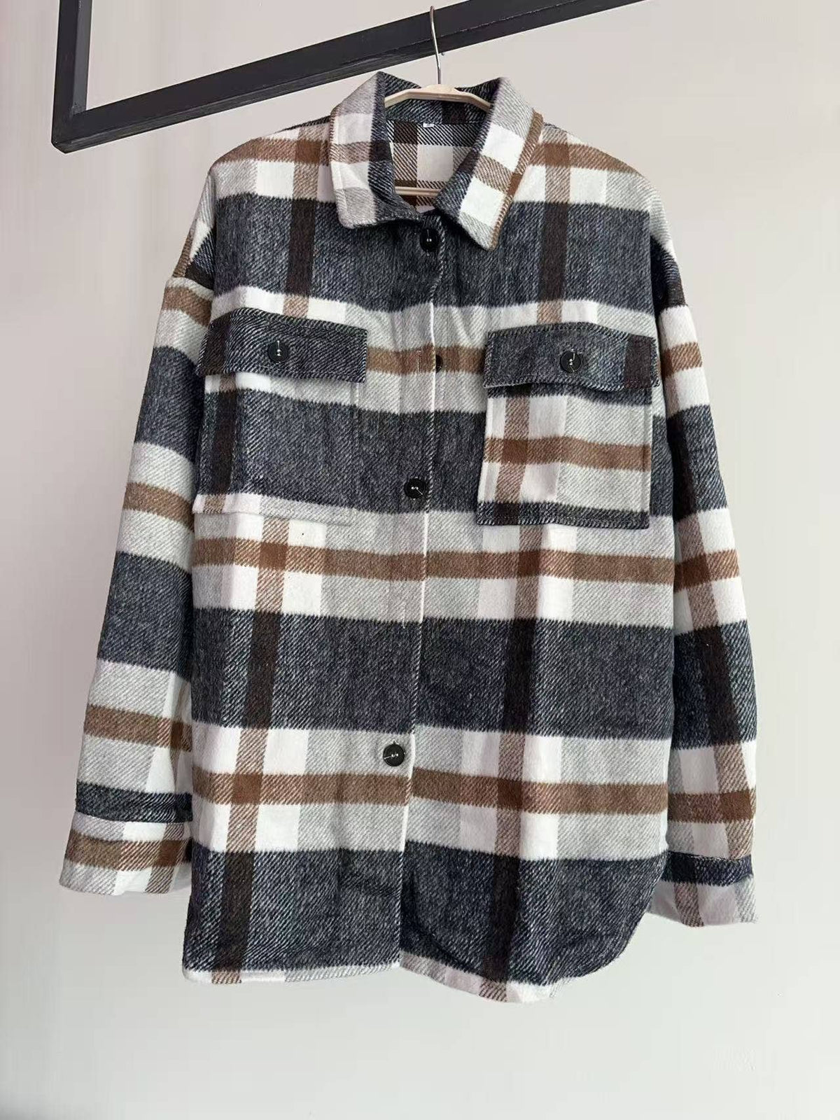 Green Plaid Button Flannel Shirt Jacket: Navy blue / 100%Polyester