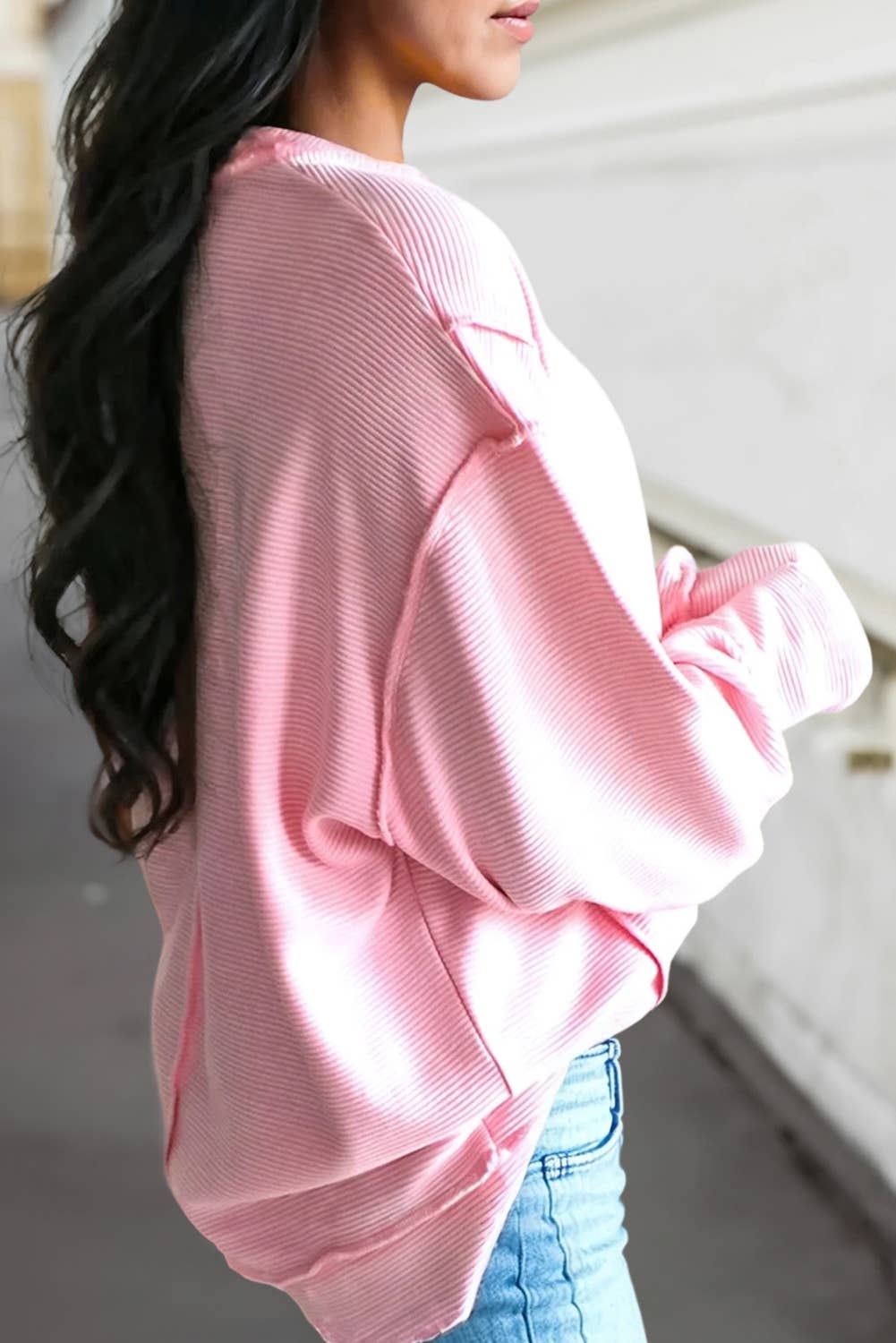 Texture Solid Exposed Seam Detail Long Sleeve Top | S-XL: Pink / S