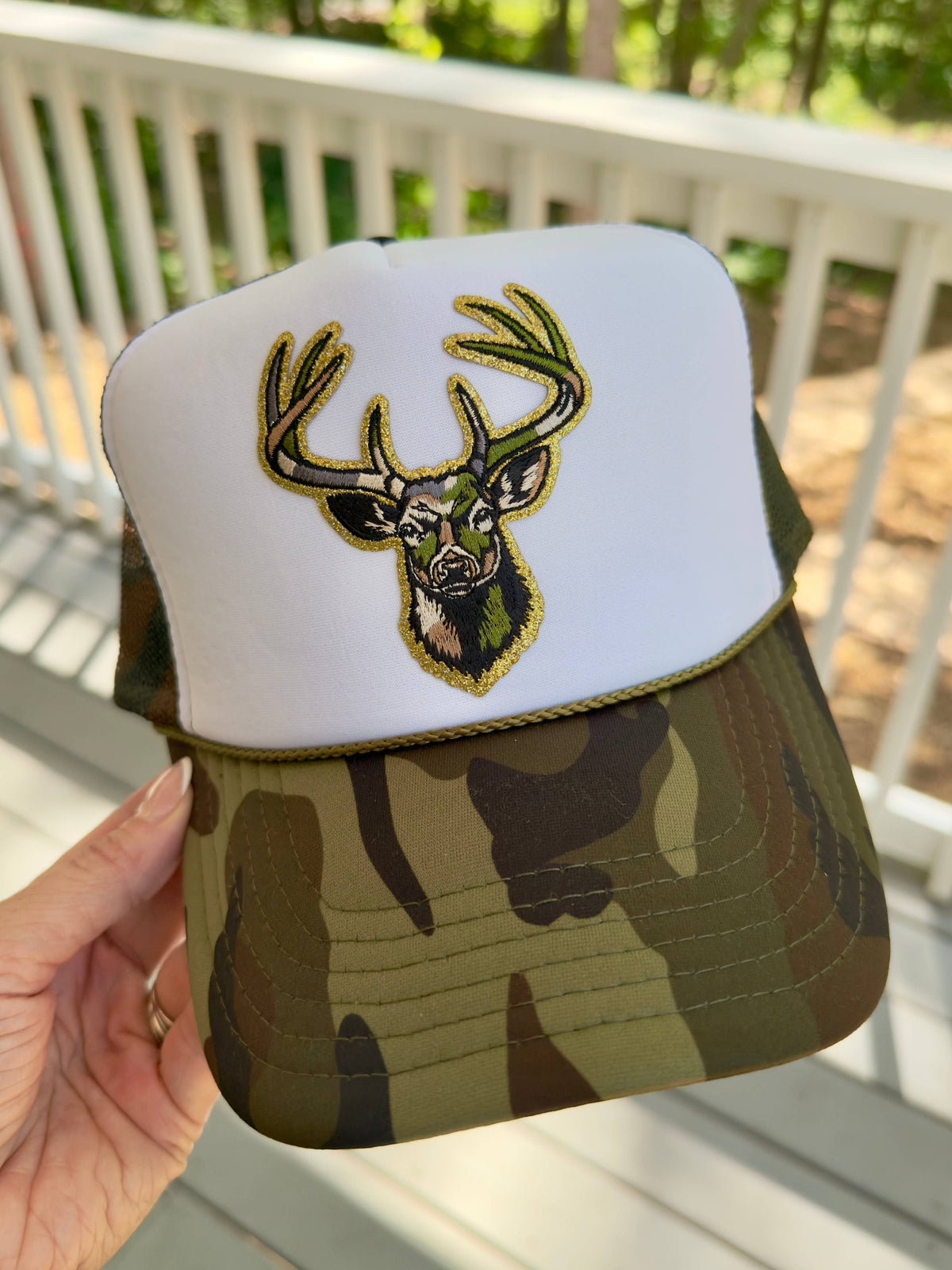 Backwoods Bougie Sequin Trucker Collection: Camo/White / Buck