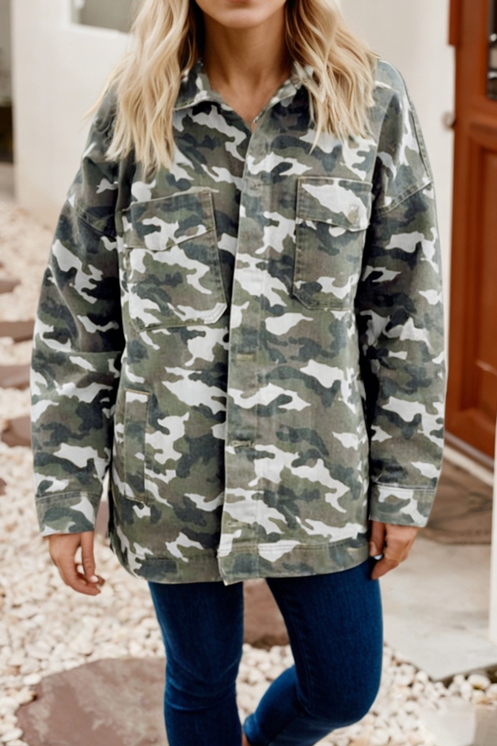 Camo Chest Pockets Loose Jean Jacket: Green