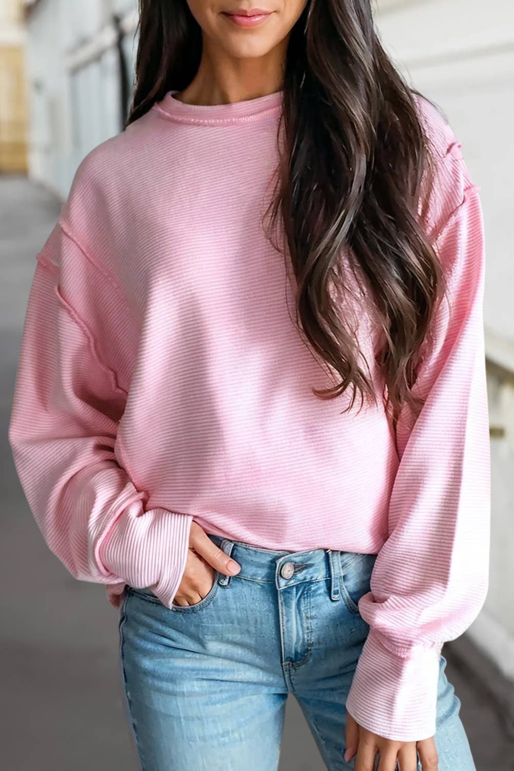 Texture Solid Exposed Seam Detail Long Sleeve Top | S-XL: Pink / S