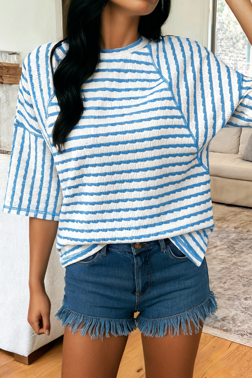 Texture Stripe Knit Half Sleeve Top | S-XL Plus