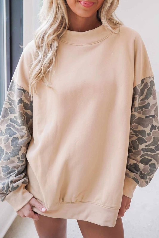 Camo Sleeve Colorblock Oversized Womens Sweatshirt: Beige