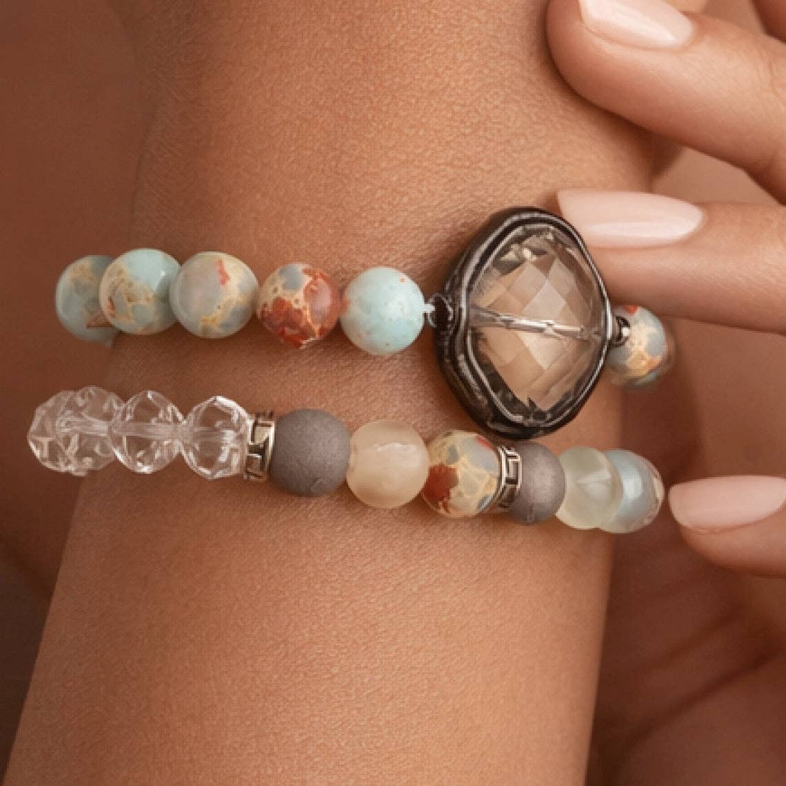 Aqua Terra Jasper Stone Bracelet Set with Faceted Centerpiece – 8057: S0OX3T8057
