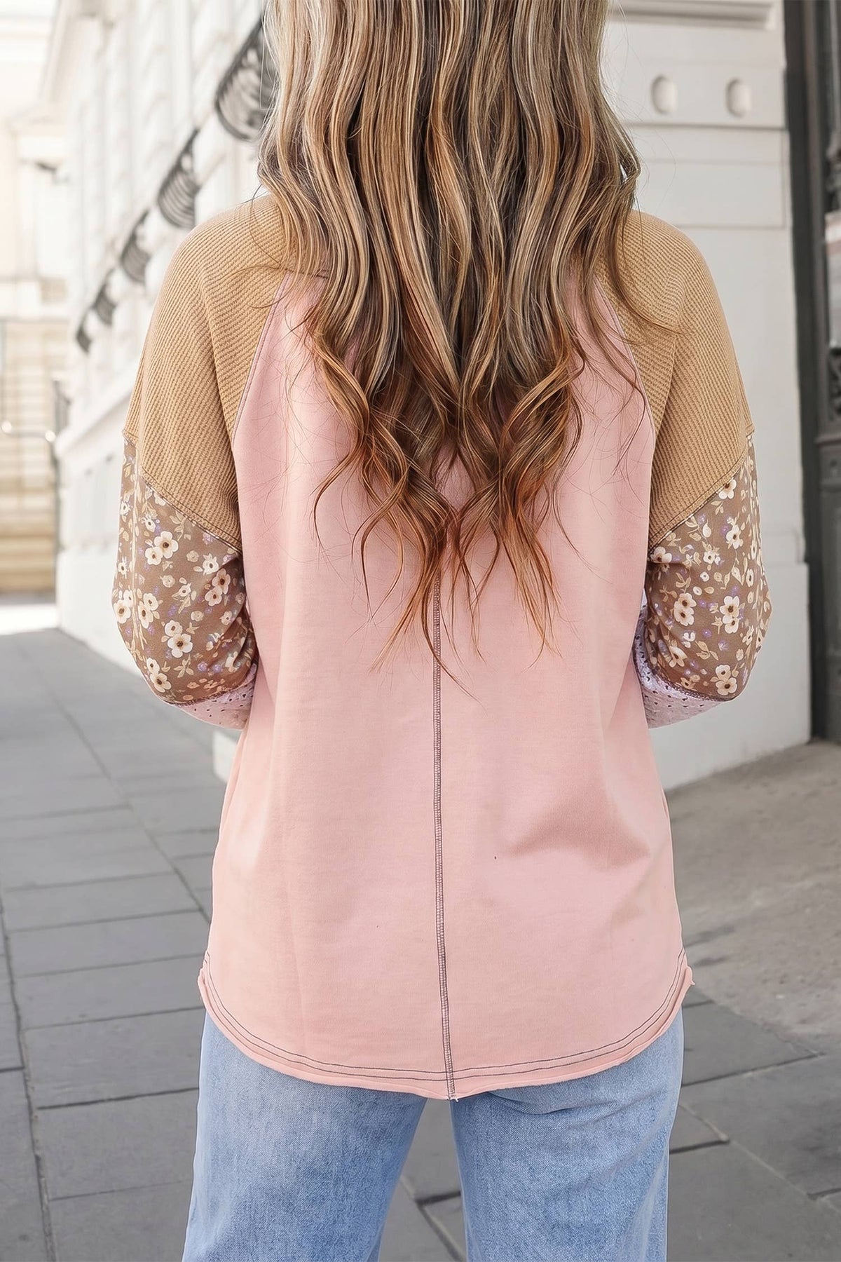 Floral Print Waffle Mixed Patchwork Top | S-XL: Apricot Pink /