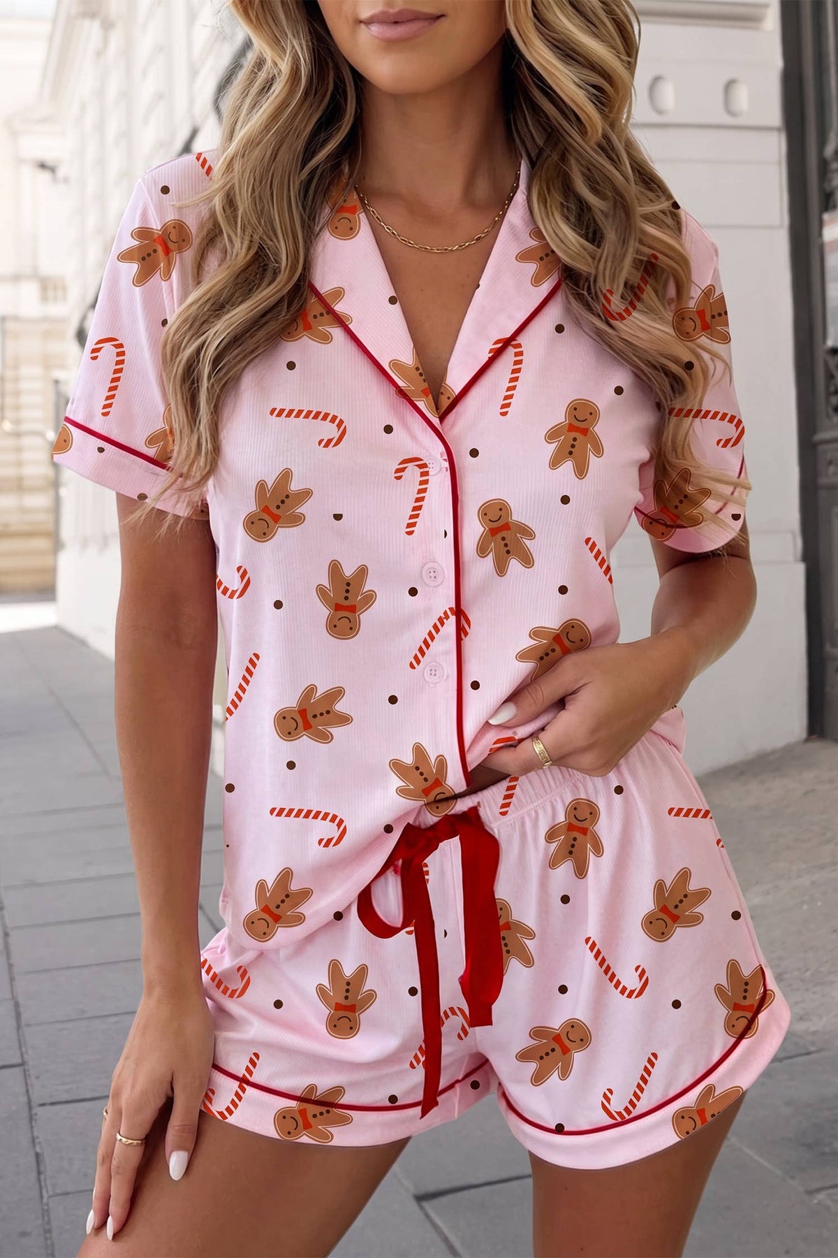 Christmas Placket Shell Button Lounge Shorts Set