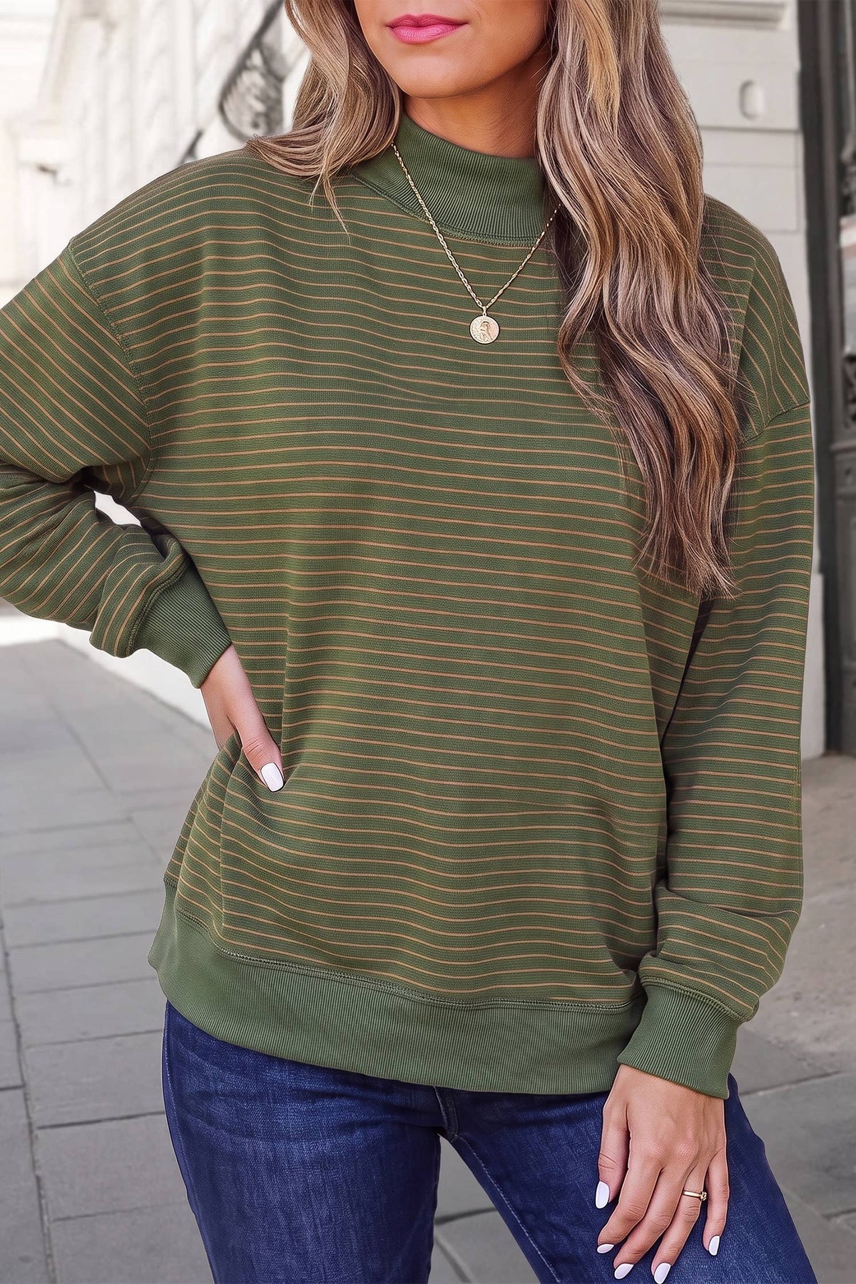 Striped Mock Neck Oversized Sweatshirt | S-XL : Green Stripe / L