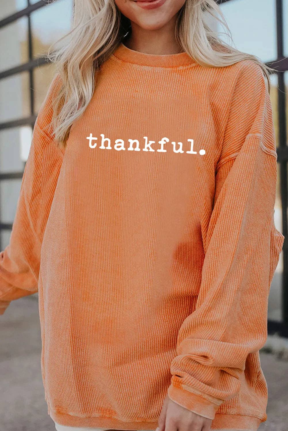 Orange Thankful Ribbed Crew Neck Thanksgiving Sweatshirt: Orange-3 / 100%Polyester