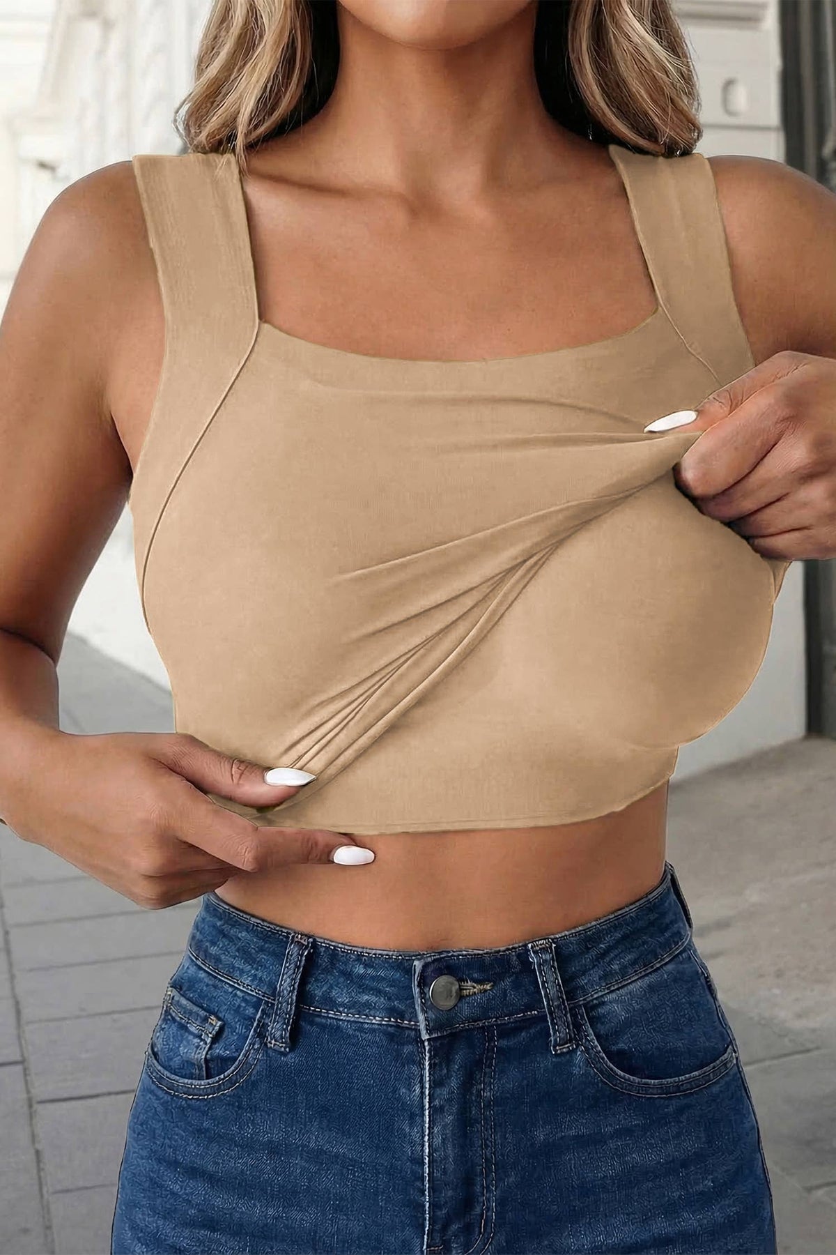 Solid Square Neck Built-in Bra Tank Top | S-XL: Oatmeal / L