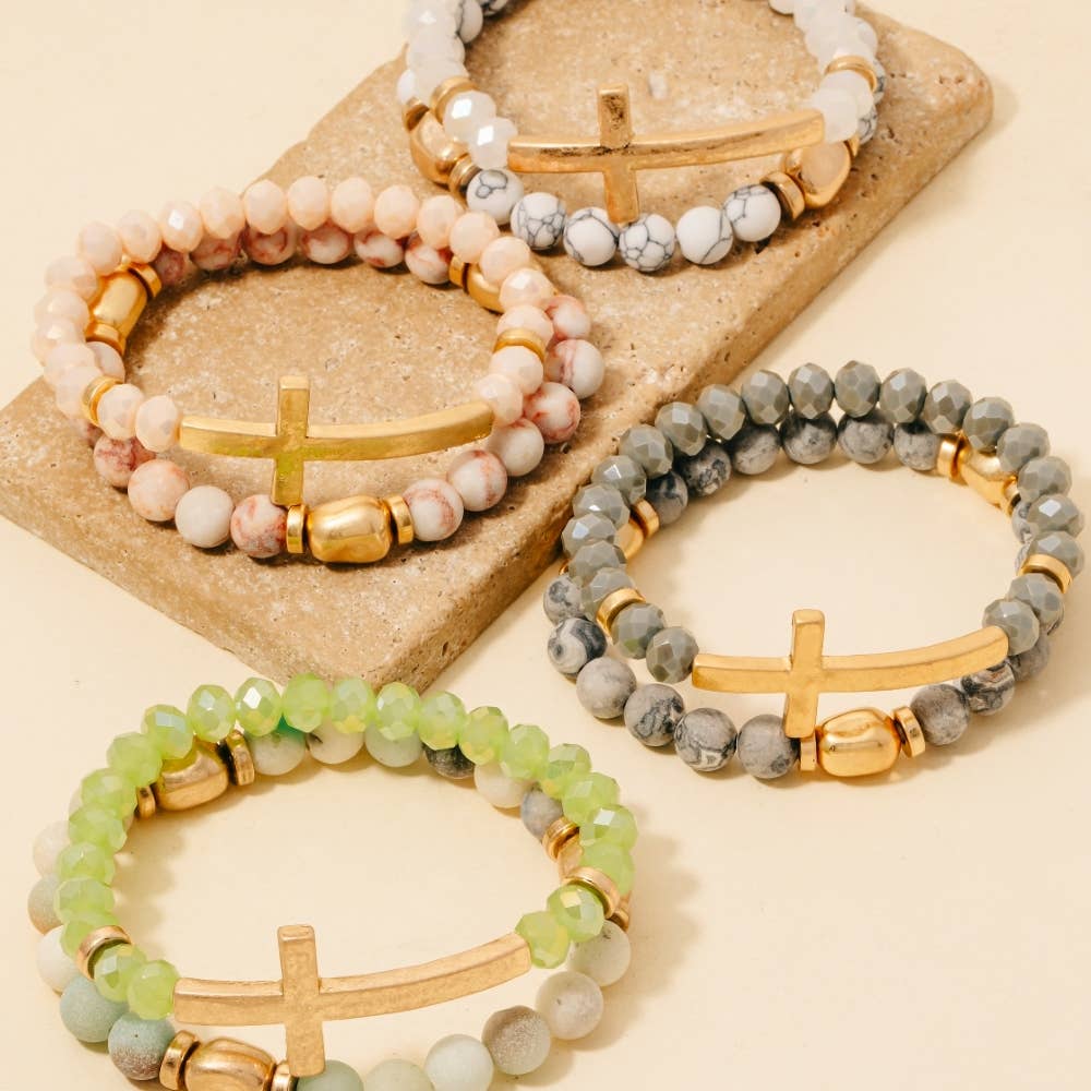 Cross Charm Stone Beaded Bracelet Set: LPEWG