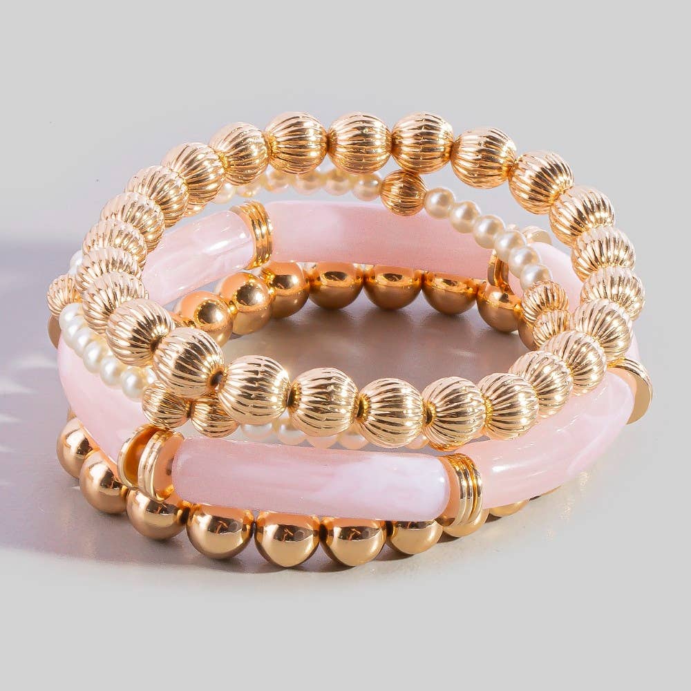 Resin Bar And Gold Bead Stretch Bracelet Set: WHITEGD