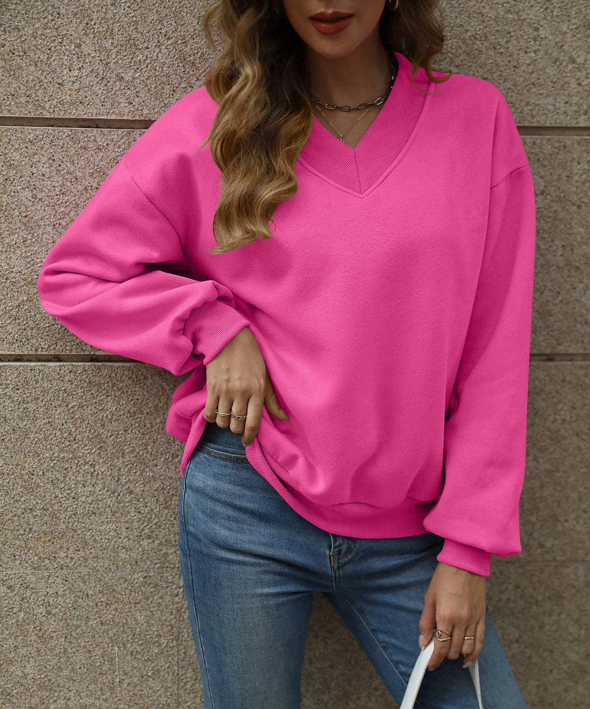 Solid Sweatshirt Casual Oversized V-Neck Pullover: Magenta / 35%Cotton+65%Polyester