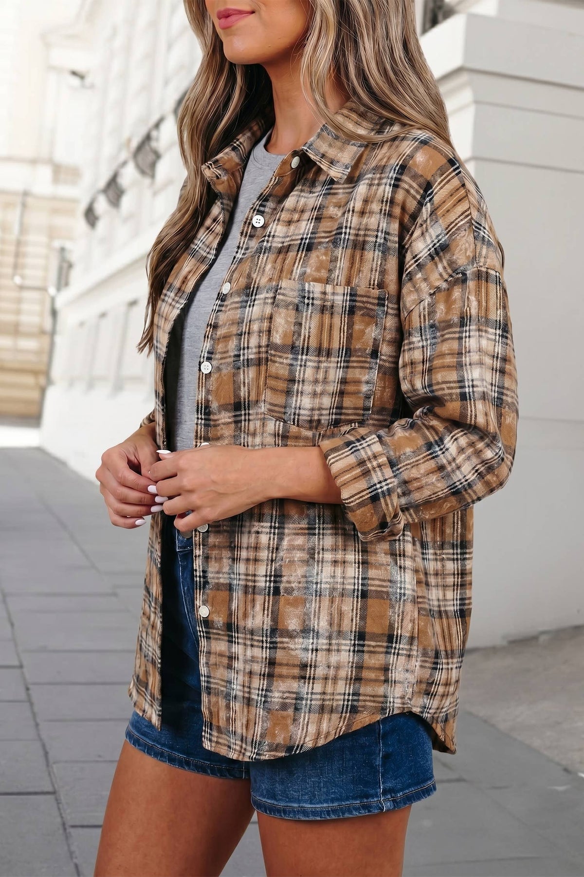 Western Plaid Collared Long Sleeve Shirts Brown