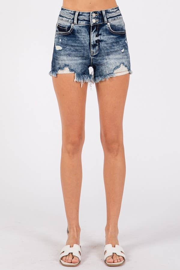 P1350R-LA HIGH RISE STRETCH DESTROY SHORTS W/ FRAYED HEM