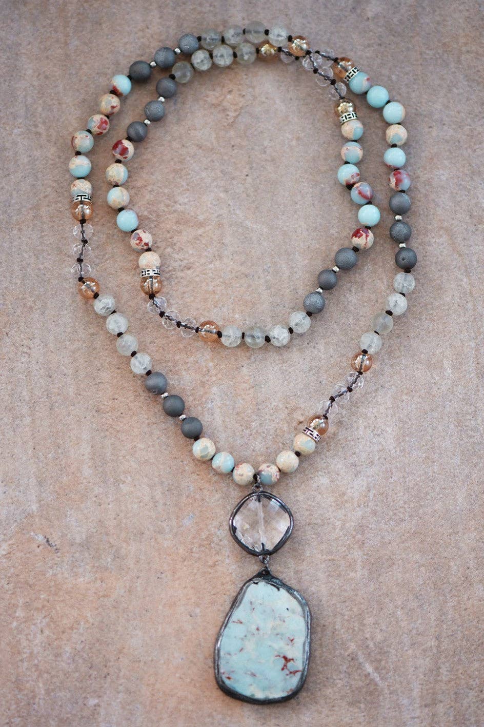 Natural Stone Bead Necklace with Stone Pendant - 6910: S0OX3T6910