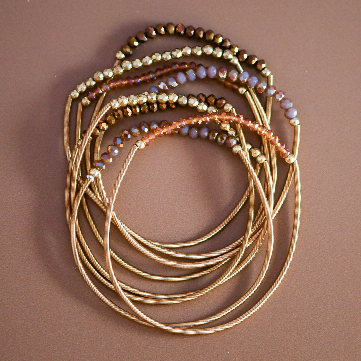 Boho Layered Spring Coil Guitar String Bracelet Set - 6964: S0OX3T6964 Brown Set