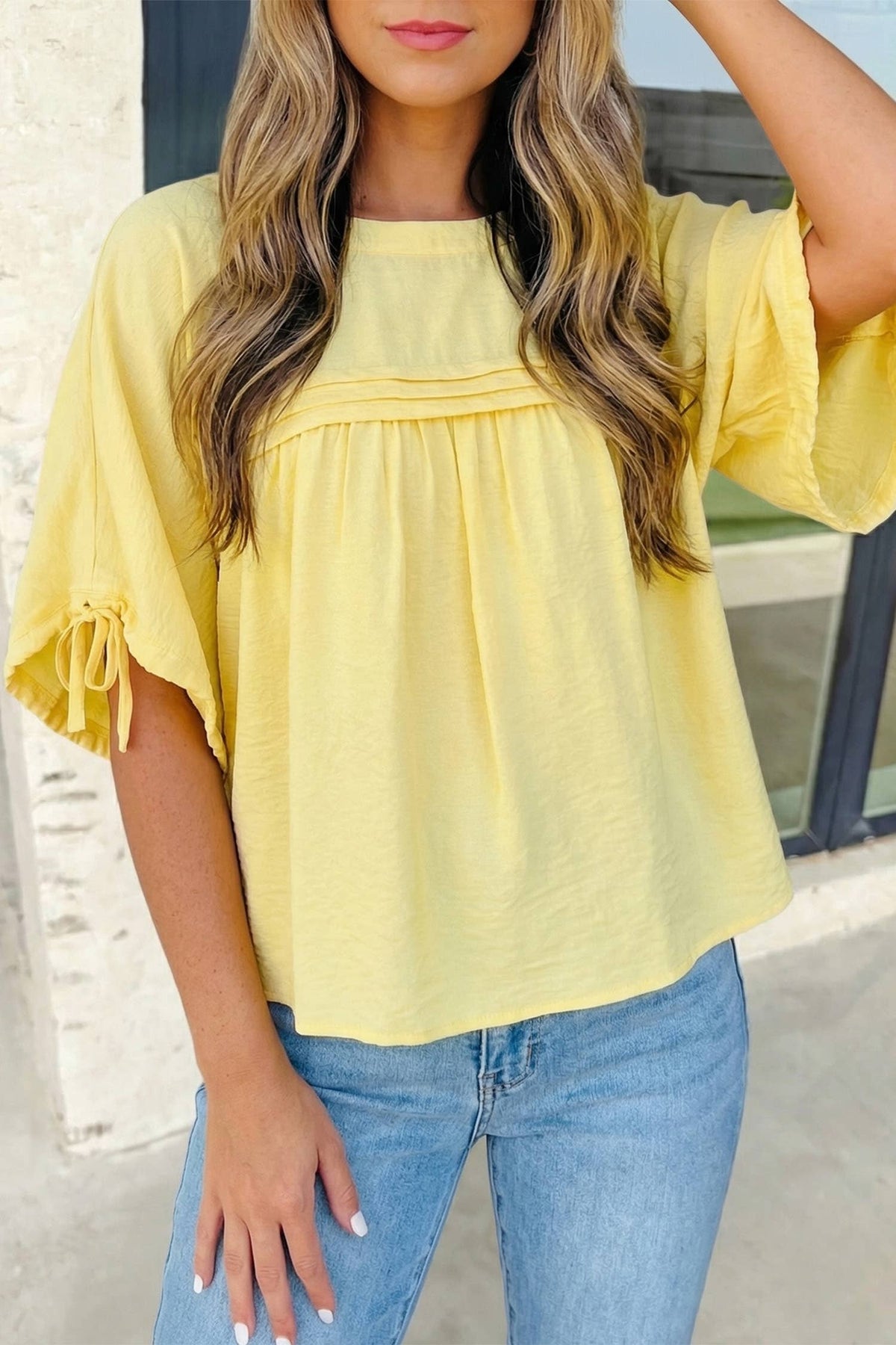 Tie Half Sleeve Pleated Detail Babydoll Blouse | S-XL: Yellow Cream /