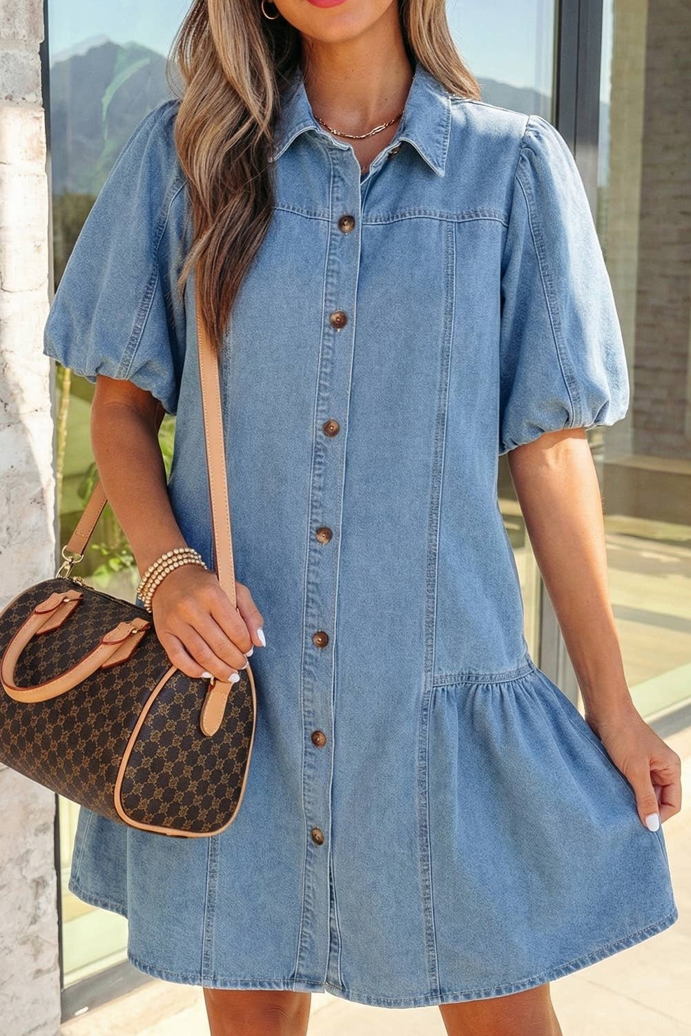 Denim Puff Sleeve Ruffle Hem Patchwork Mini Dress