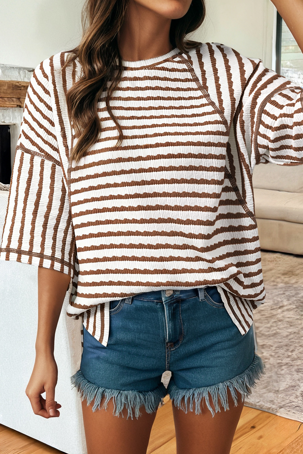 Texture Stripe Knit Half Sleeve Top | S-XL Plus
