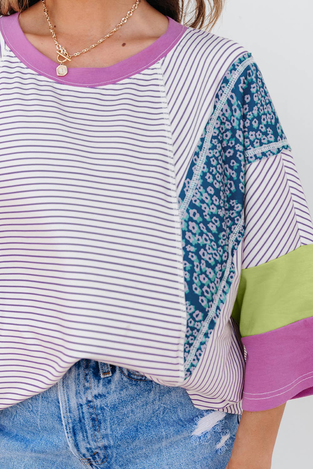 Stripe Floral Raw Edge Patchwork Bracelet Sleeve Top