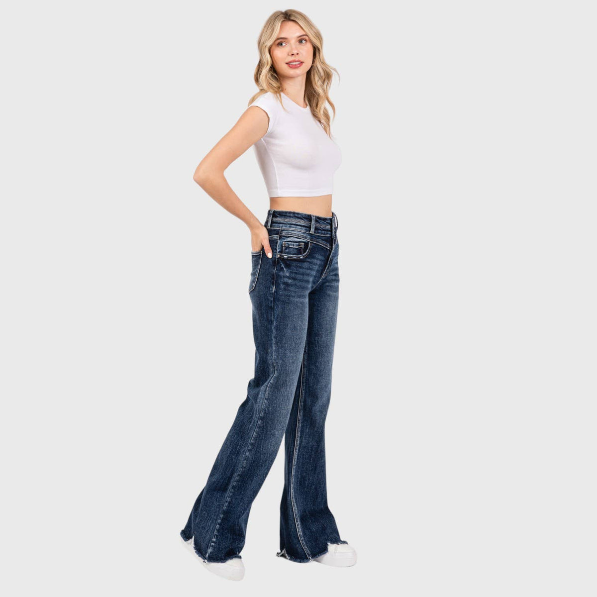P1153F-DM HIGH RISE STRETCH  WIDE LEG FLARE W/ FRAYED HEM: #2