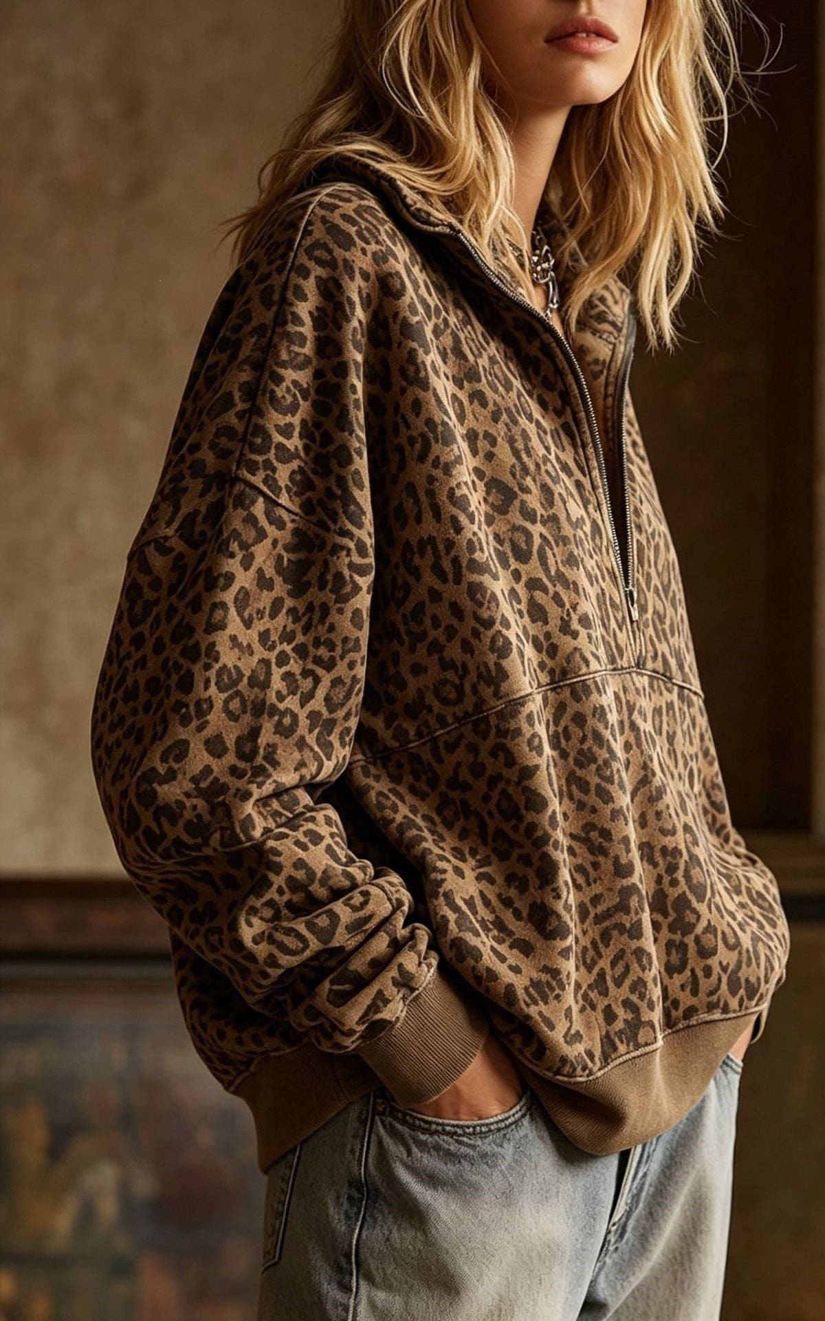 Leopard Print Half Zip Oversized Pullover Sweatshirt: Coffee / 95%Polyester 5%Elastane