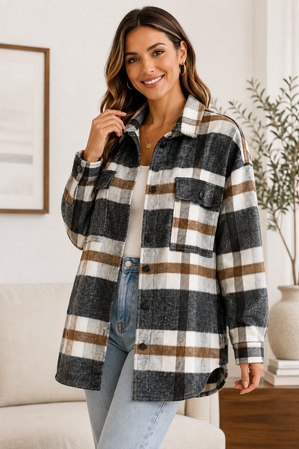 Green Plaid Button Flannel Shirt Jacket: Navy blue / 100%Polyester
