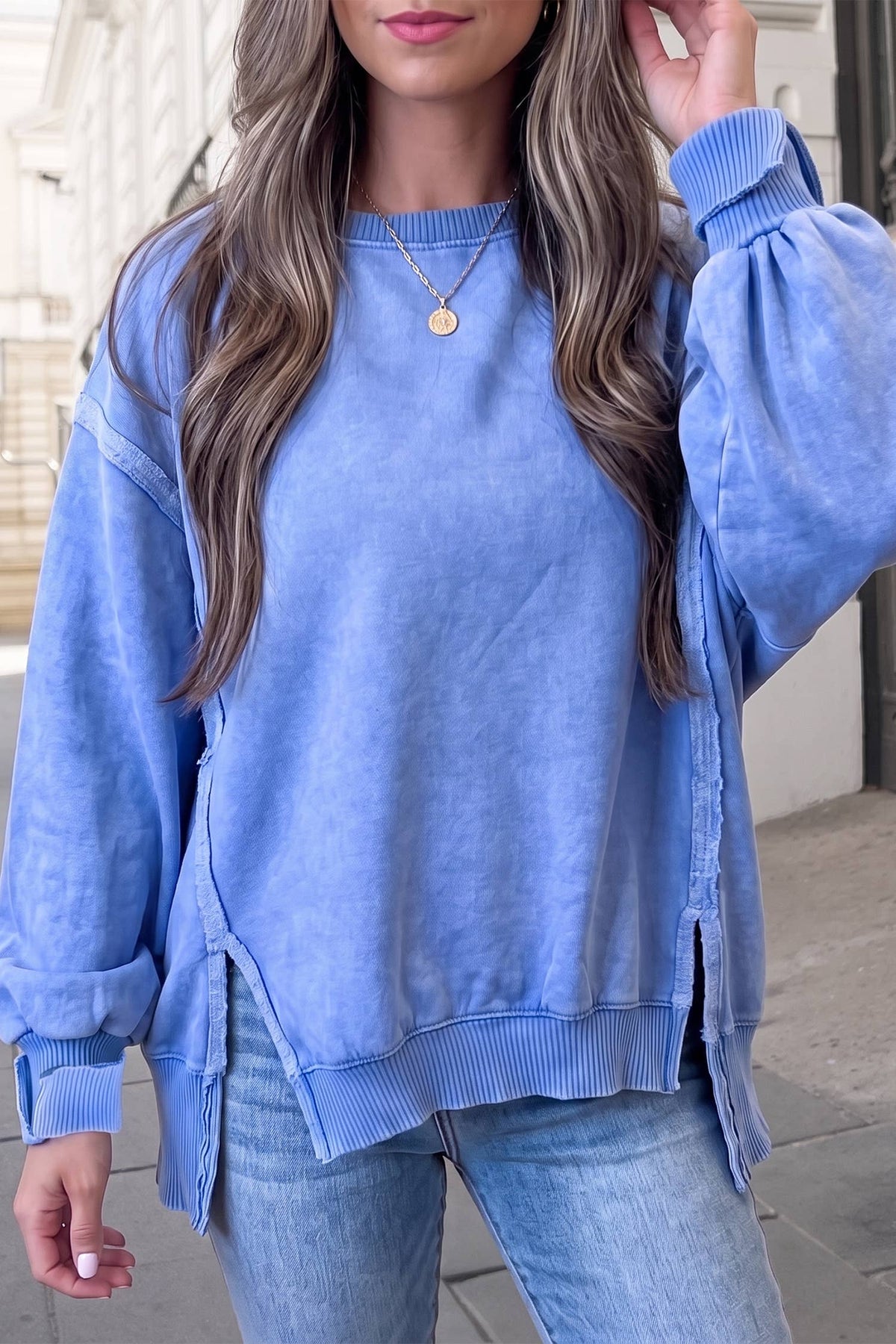 Solid Mineral Wash Split Hem Loose Sweatshirt | S-XL