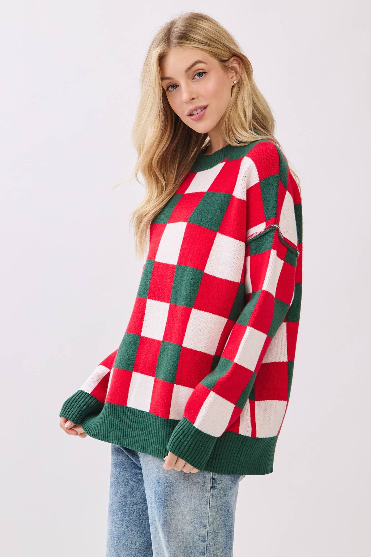 Oversized Buffalo Check Christmas Sweater: RED COMBO