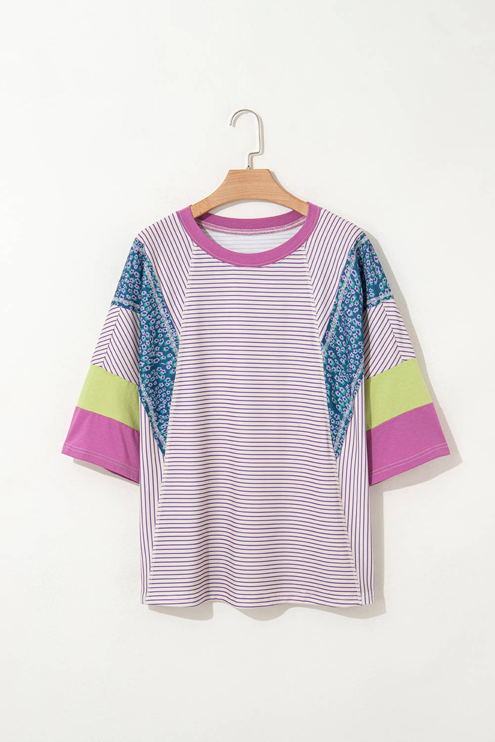Stripe Floral Raw Edge Patchwork Bracelet Sleeve Top
