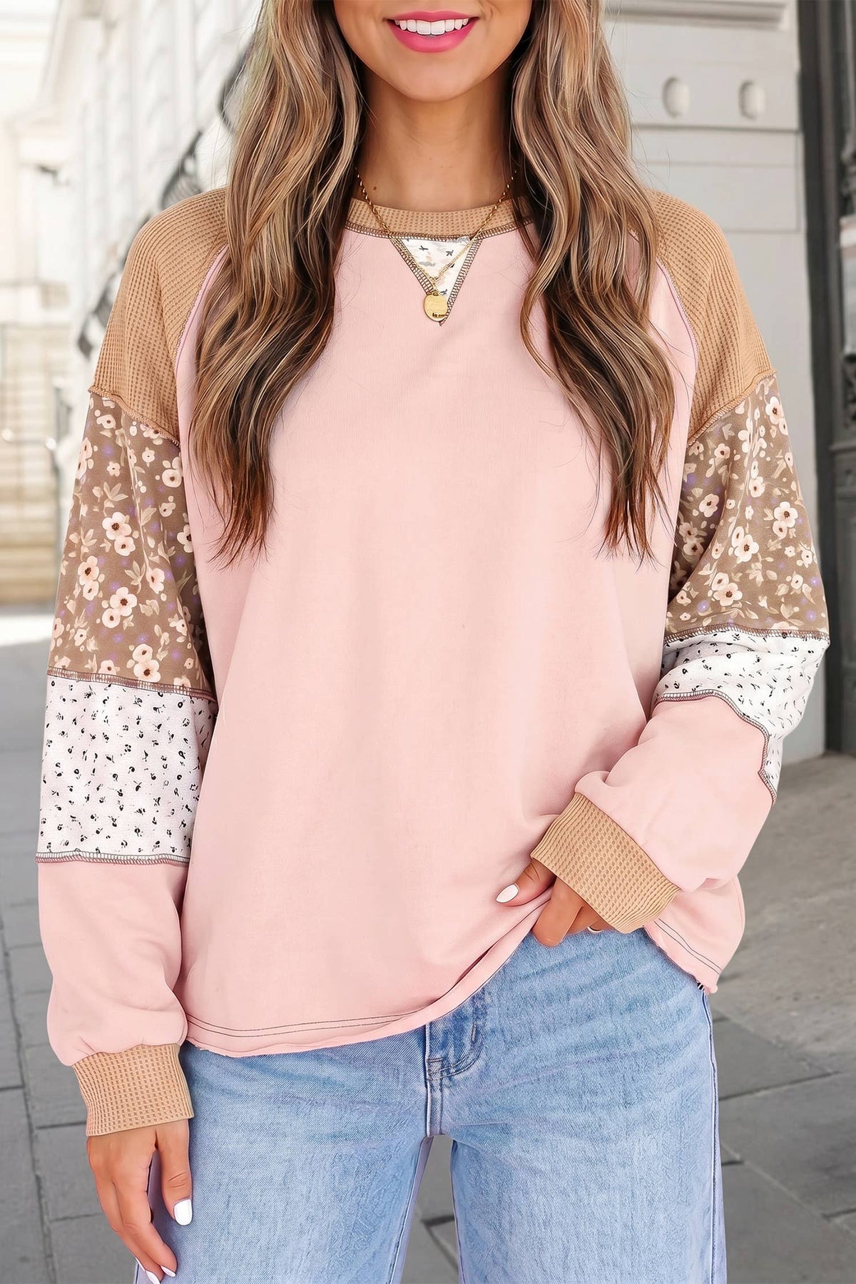 Floral Print Waffle Mixed Patchwork Top | S-XL: Apricot Pink /