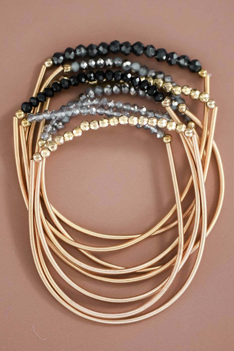 Boho Layered Spring Coil Guitar String Bracelet Set - 6962: S0OX3T6962 Black Set
