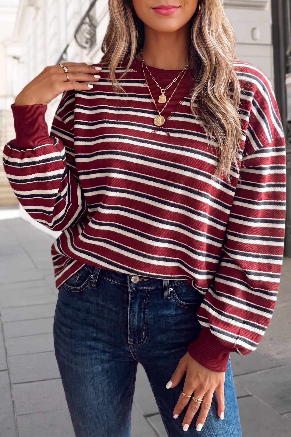 Striped Crew Neck Puff Sleeve Pullover Top | S-XL : Red Stripe