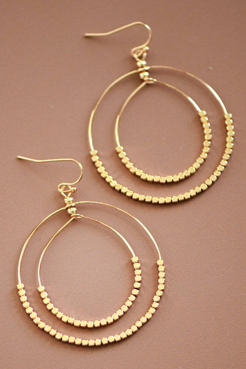 Gold Beaded Double Circle Drop Earrings - 5861: S0OX3T5861 Gold