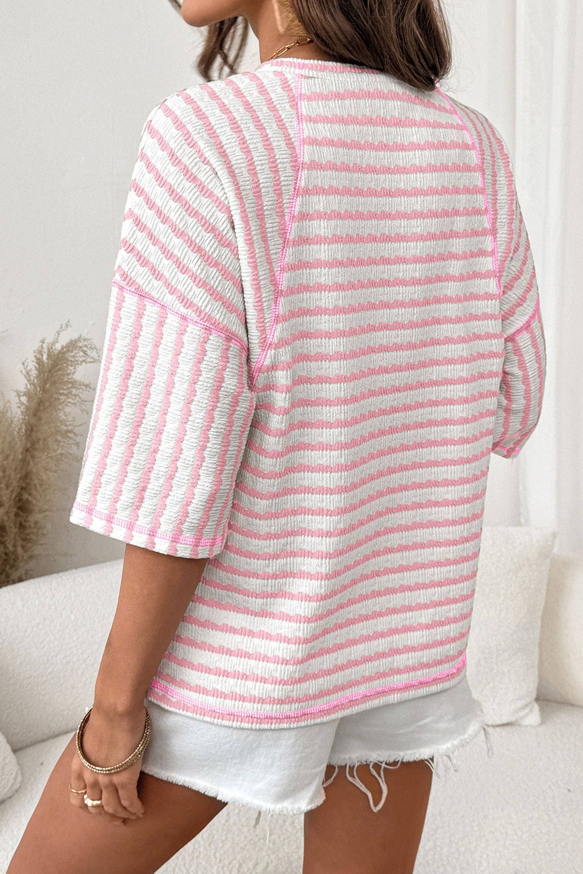 Texture Stripe Knit Half Sleeve Top | S-XL Plus