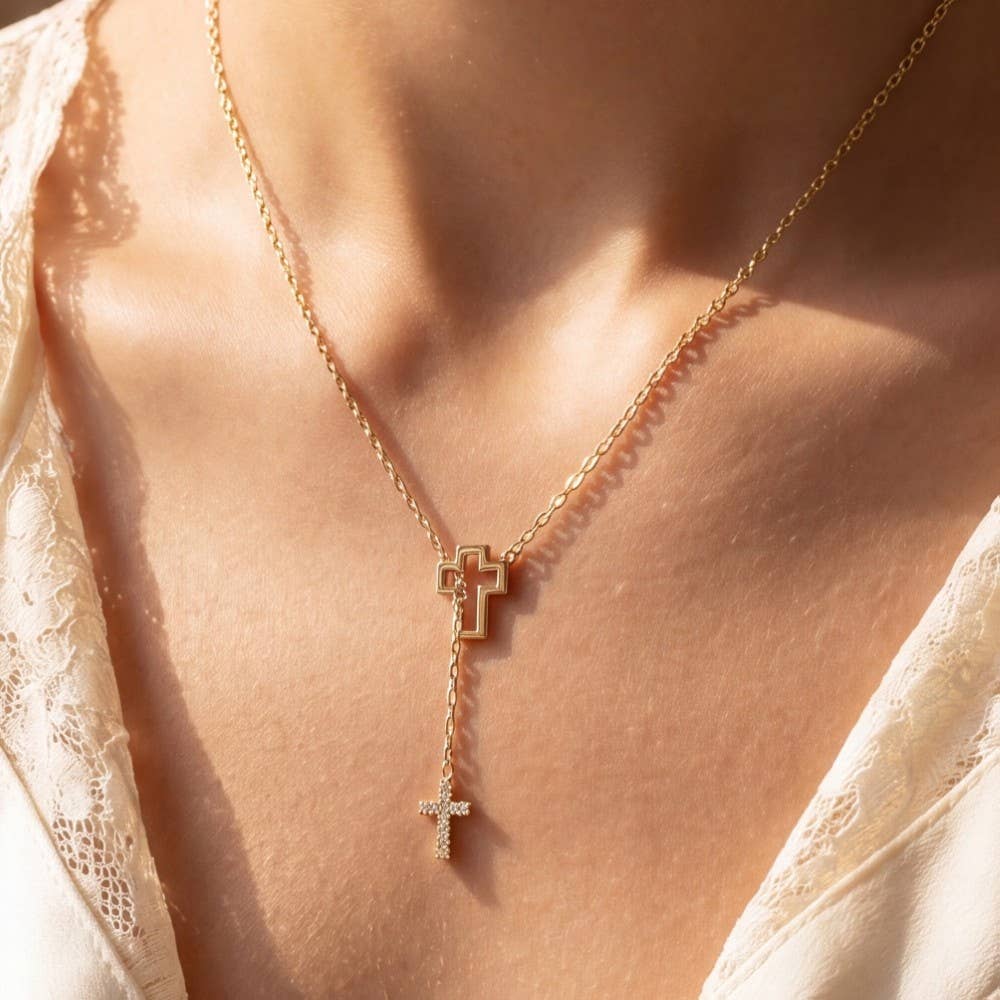 Sterling Silver Dipped Cz Double Cross Y Necklace: GD