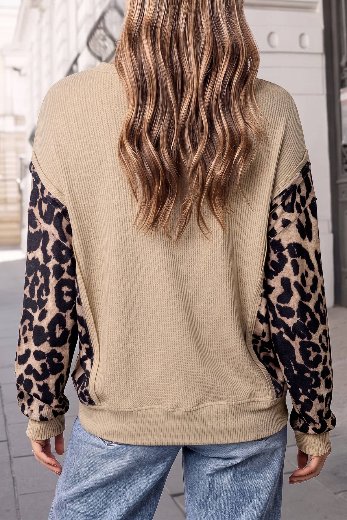 Leopard Sleeve Waffle Knit Split Hem Patchwork Blouse | S-XL