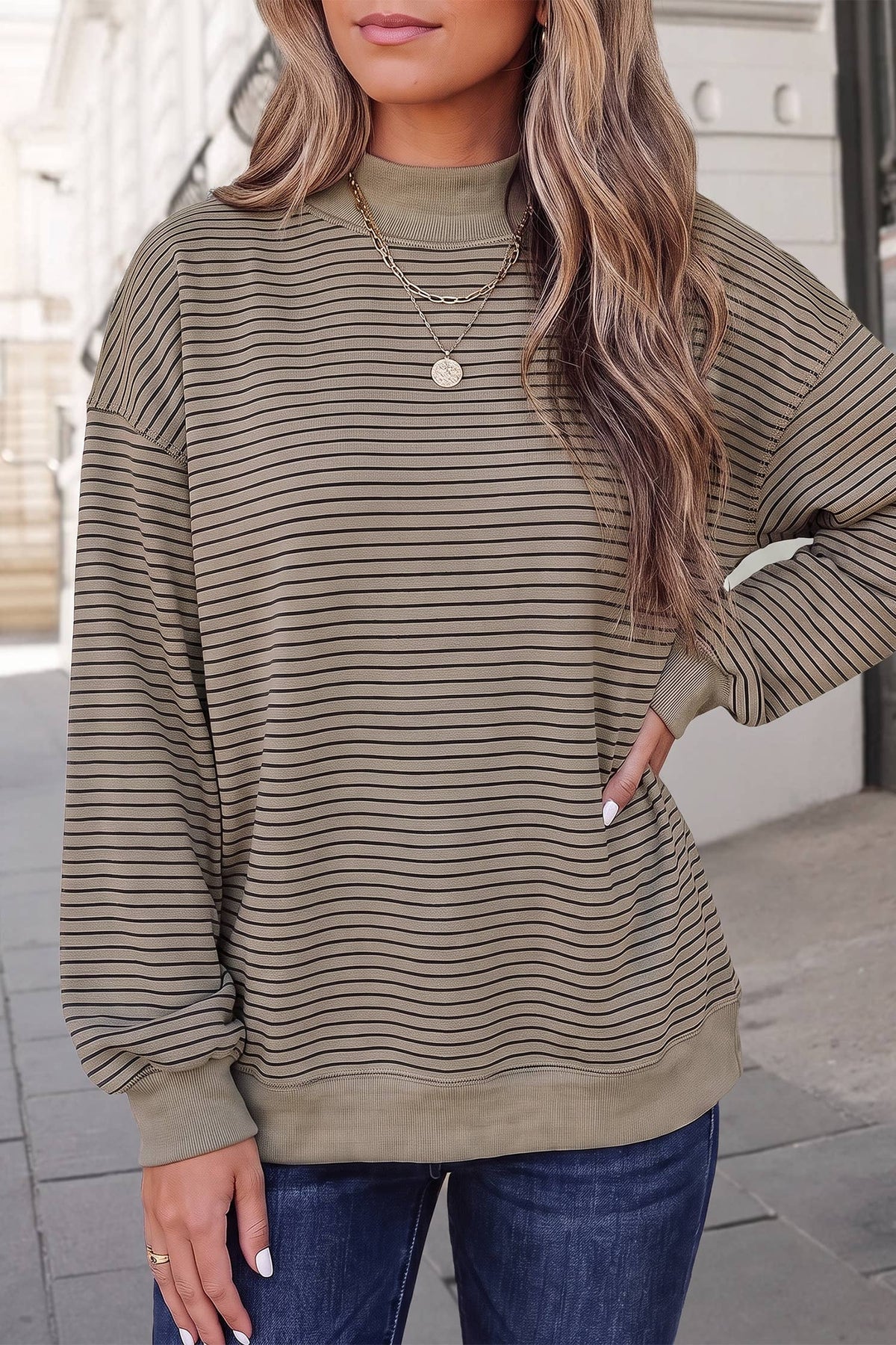 Striped Mock Neck Oversized Sweatshirt | S-XL : Green Stripe / XL