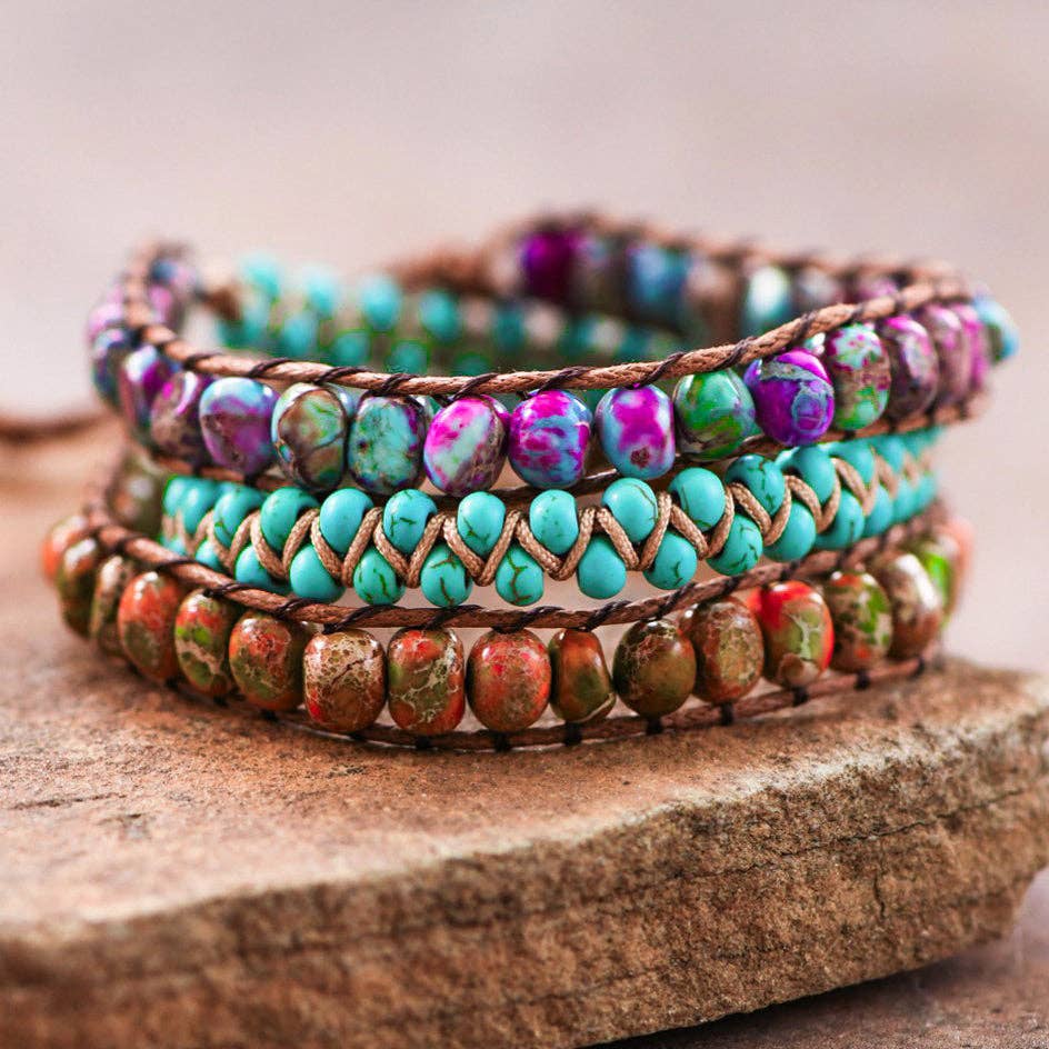 Leather Cord Wrap Bracelet, Healing Stone Bracelet - 7509: S0OX3T7509