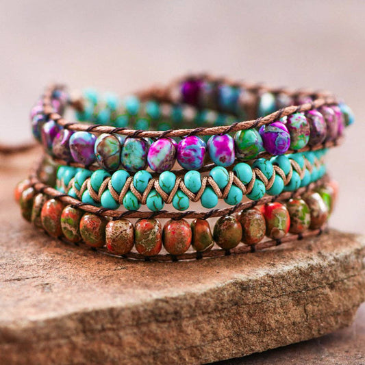 Leather Cord Wrap Bracelet, Healing Stone Bracelet - 7509: S0OX3T7509